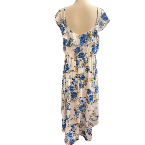 By‎ & By Dress Womens XXL White Blue Floral Chiffon Ruffle Asymmetrical Midi - Picture 3 of 9
